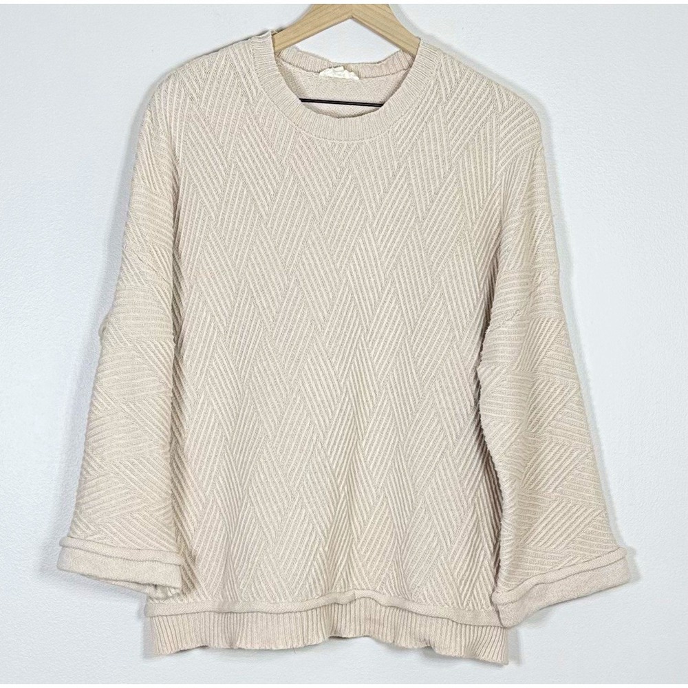 Easel Womens Sweater S Beige Geometric Knit Cotton Blend Relaxed Fisherman Fall